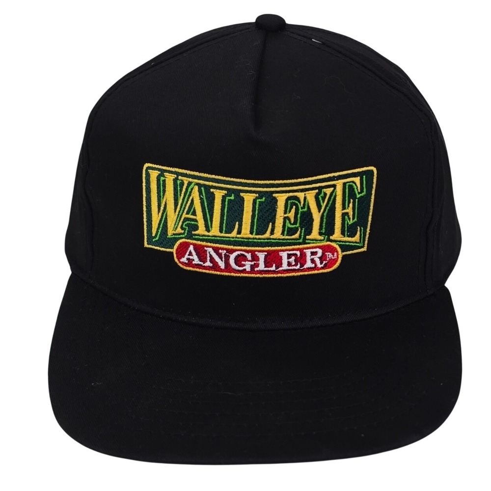 Walleye Angler Fishing Hat OSFM Black Snapback Vintage Embroidered Cotton Cap